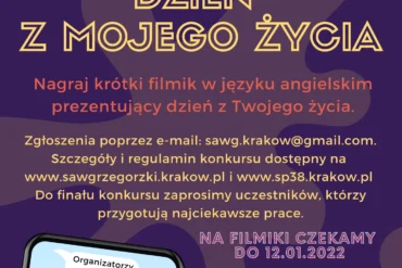 Fioletowe tło, żółte narożniki, tekst