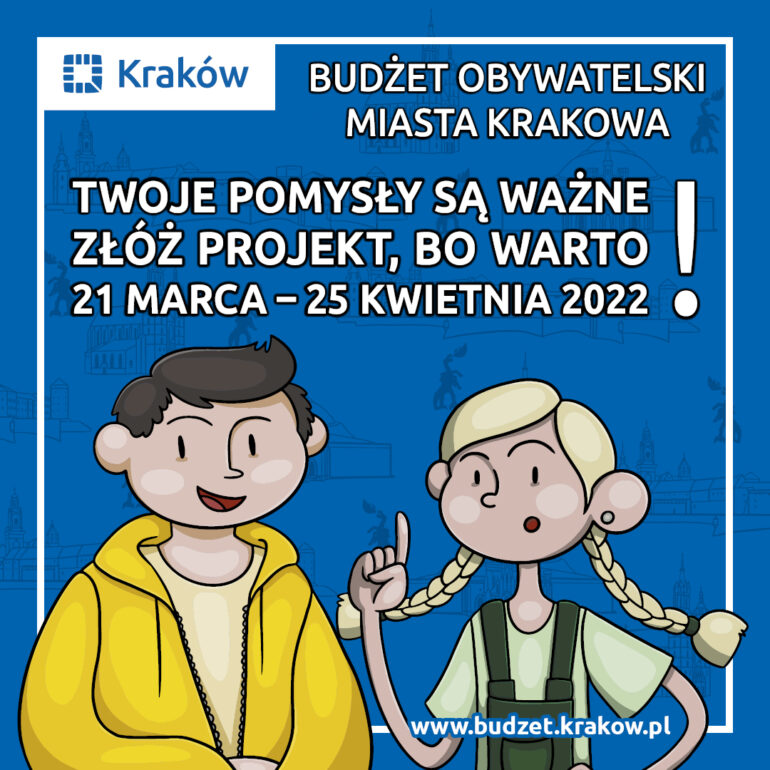 Niebieskie tło, biale napisy, dwie postacie