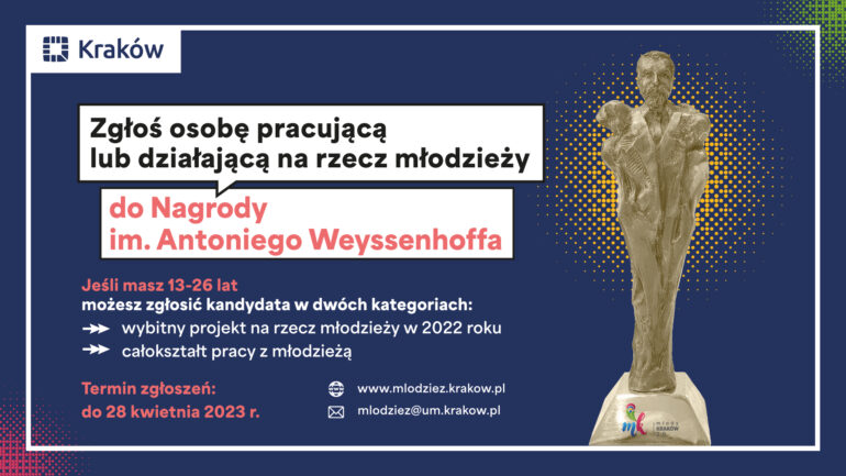 Granatowe tło, statuetka, tekst